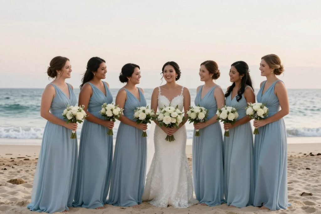 bridal party wearing light blue bridesmaid dresses at beach wedding ceremony