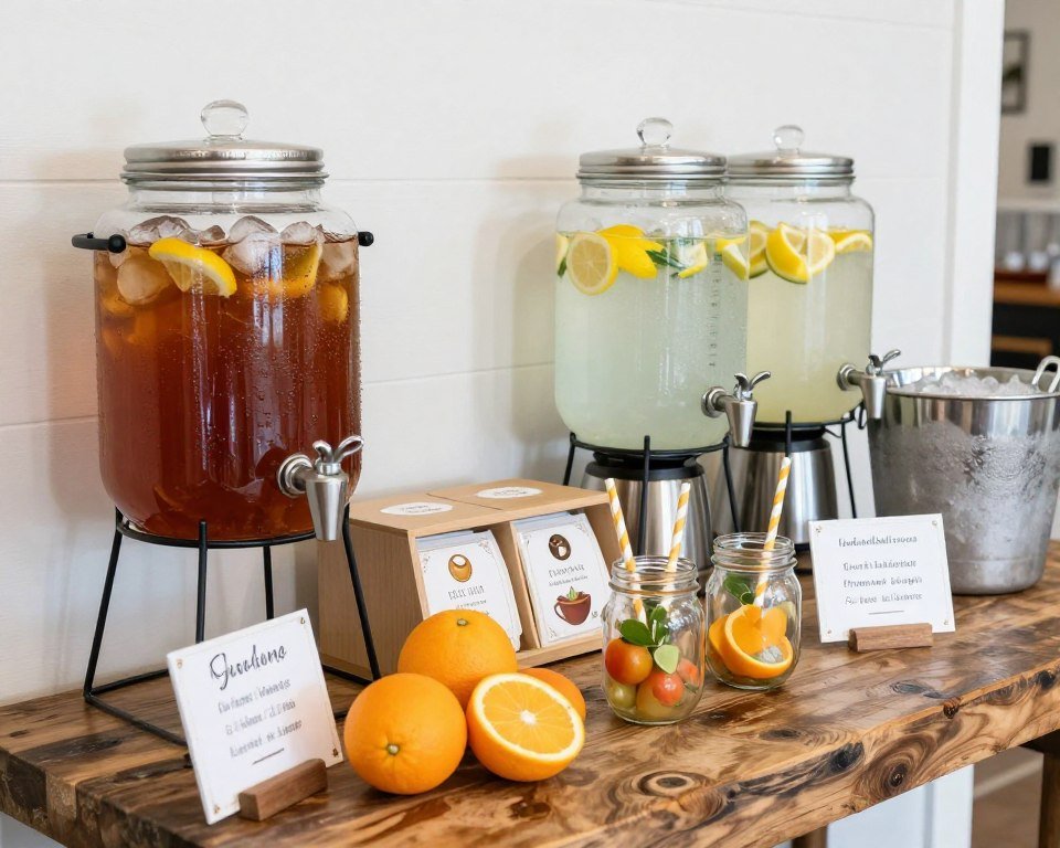 bridal shower drink station with various beverage options