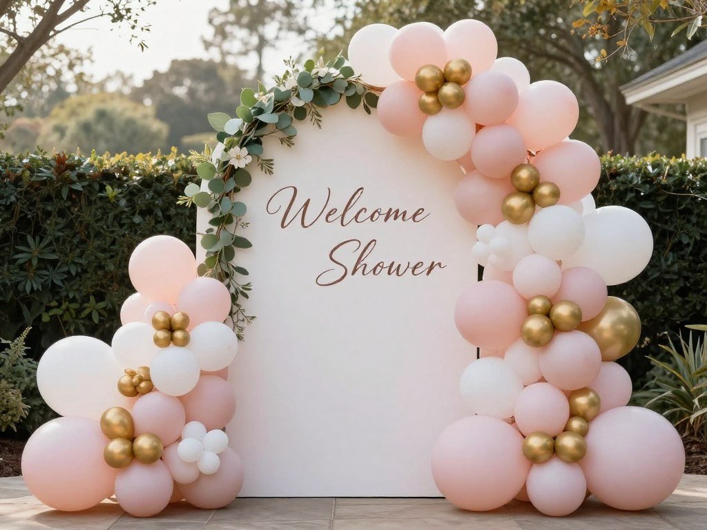 bridal shower entrance with balloon arch and welcome sign