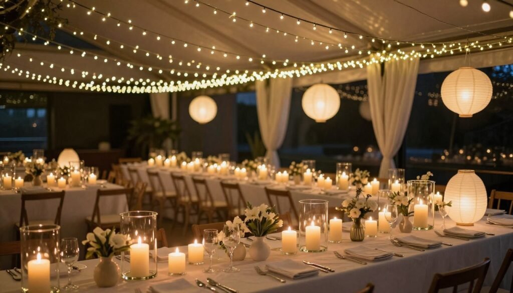 bridal shower lighting with fairy lights and candles