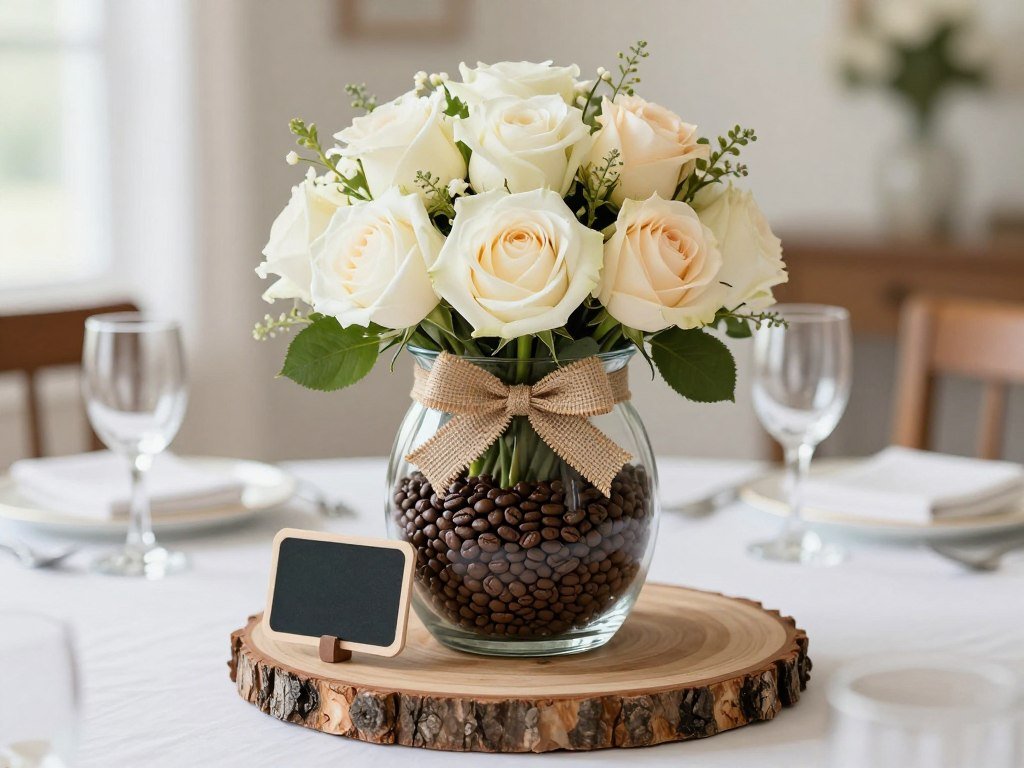 bridal shower table centerpiece with coffee beans and flowers