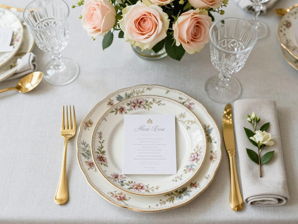 bridal shower table with vintage china and floral centerpiece