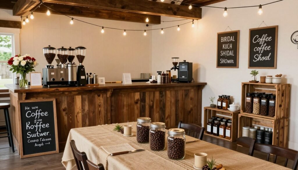 bridal shower venue decorated with love is brewing theme