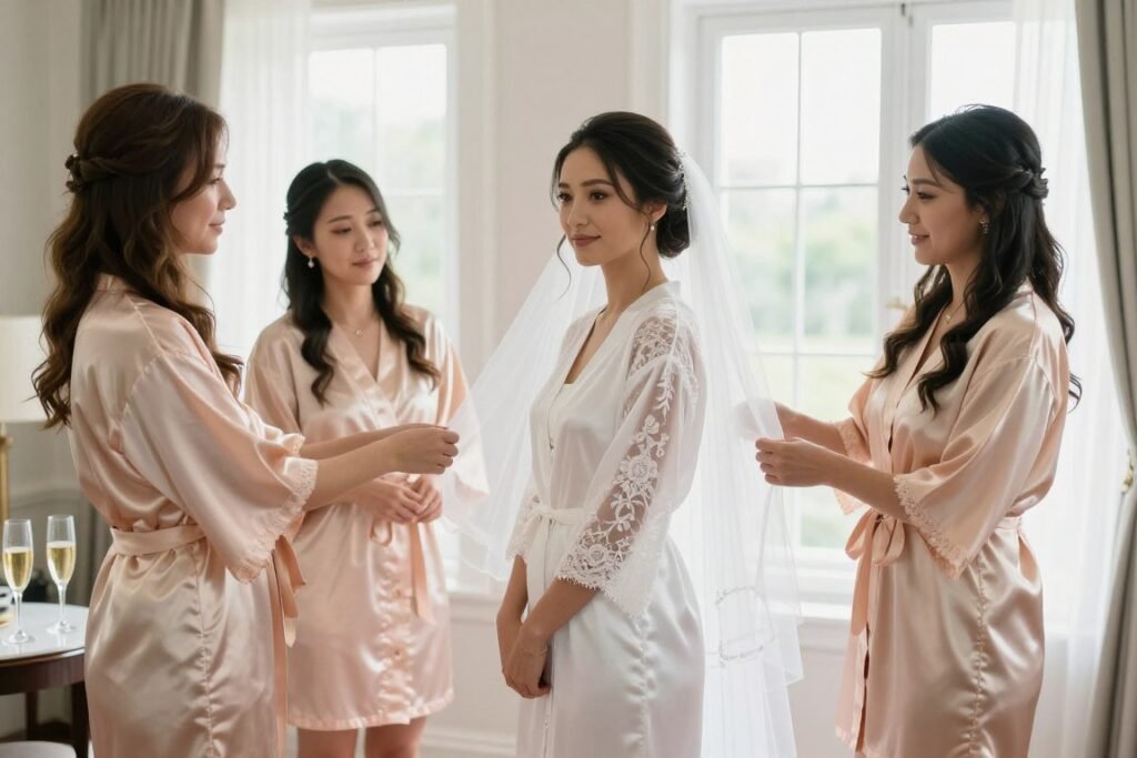 bride and bridesmaid pictures during getting ready moment