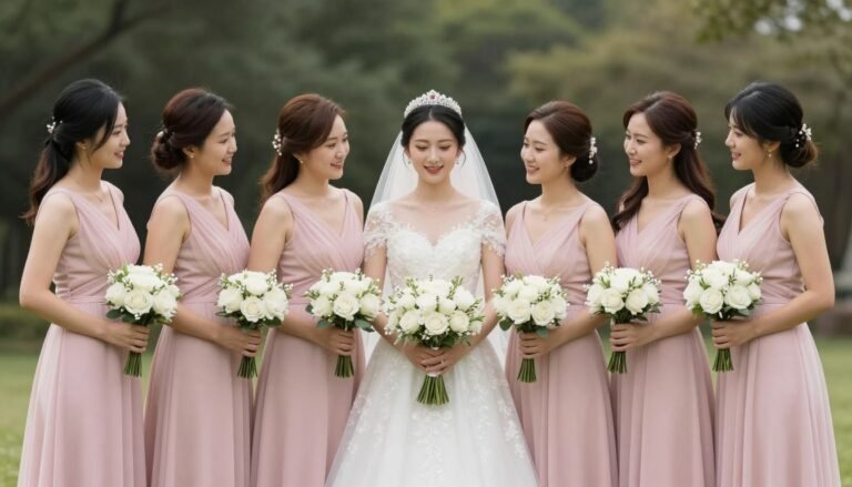 bride and bridesmaid pictures showing elegant bridal party lineup
