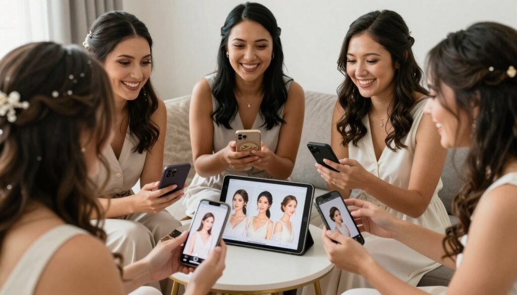 bride and bridesmaids discussing hair options together