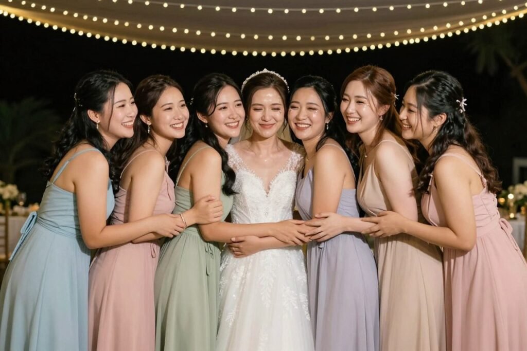 bride and bridesmaids group hug celebrating together at wedding reception bride and bridesmaids group hug celebrating together at wedding reception