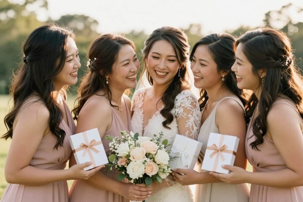 bride and bridesmaids laughing together after proposals