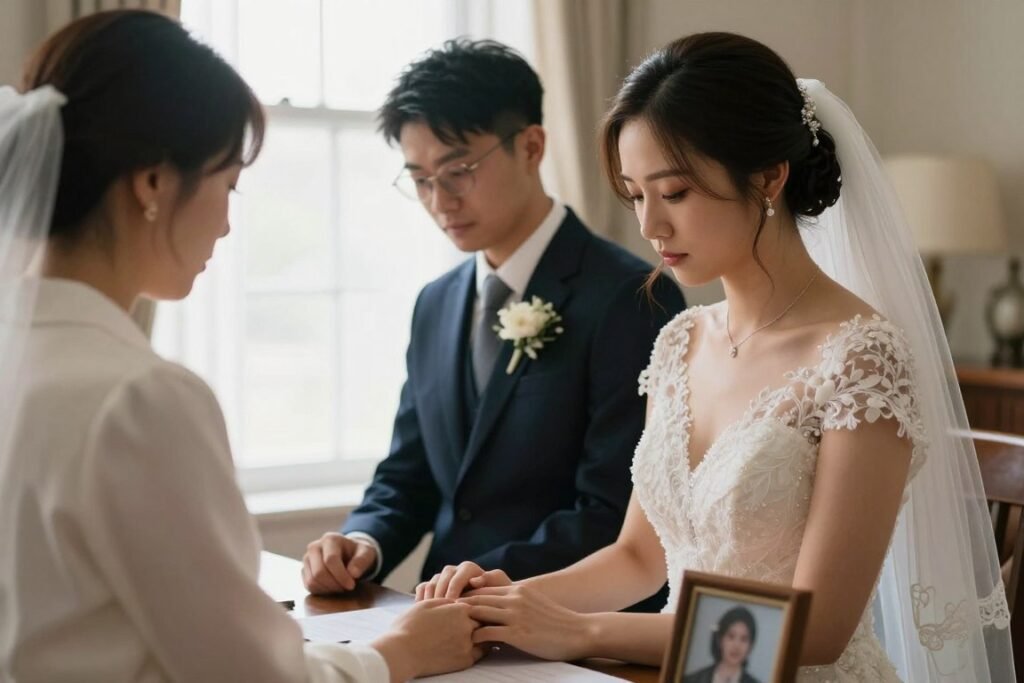 bride and groom in quiet moment together before ceremony