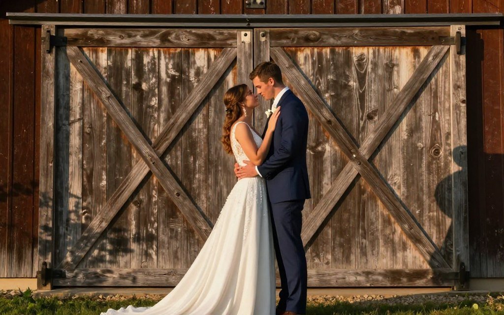 bride and groom portraits in front of barn doors