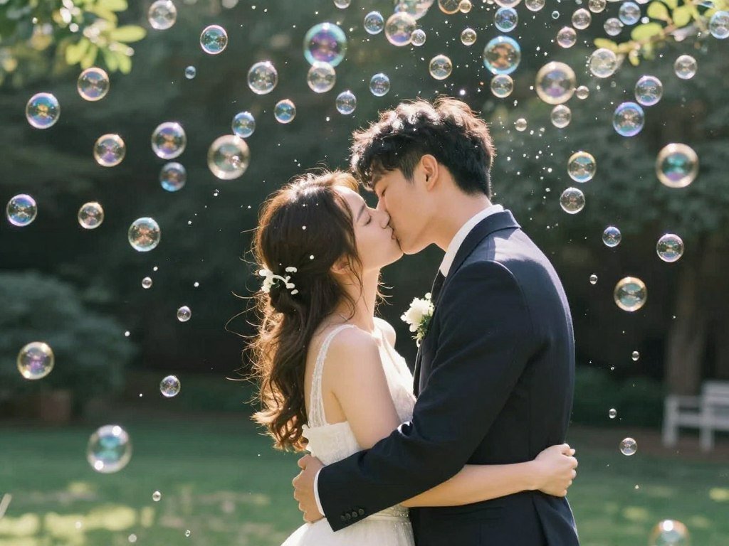 bride and groom surrounded by floating wedding bubbles