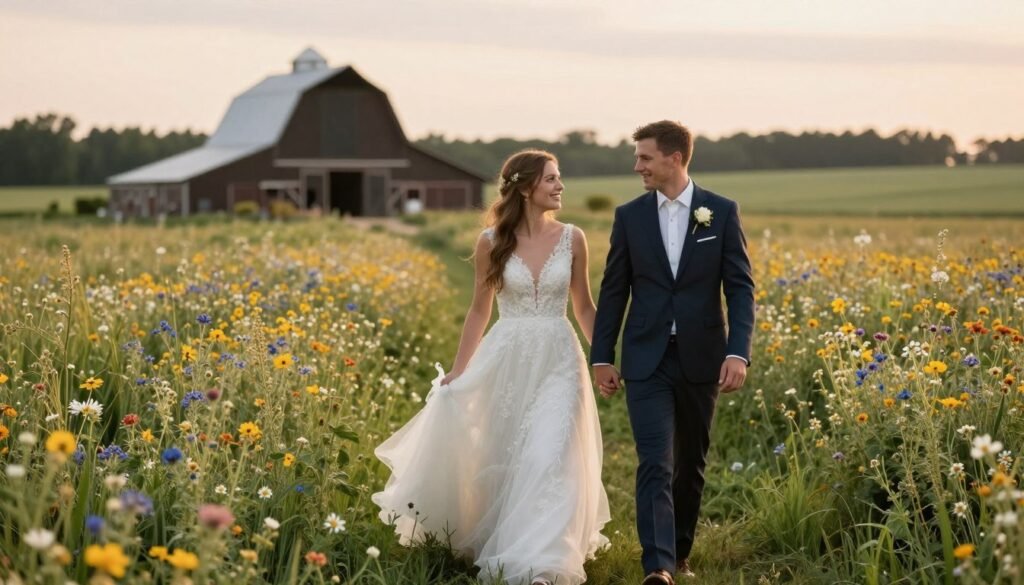 bride and groom walking through field near barn