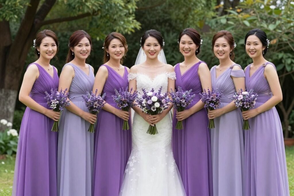 bride centered with bridesmaids arranged in curved formation showing bouquets bride centered with bridesmaids arranged in curved formation showing bouquets