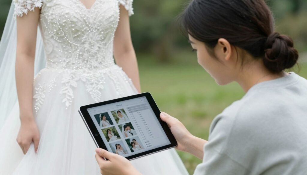 bride consulting with wedding photographer showing shot list and examples bride consulting with wedding photographer showing shot list and examples