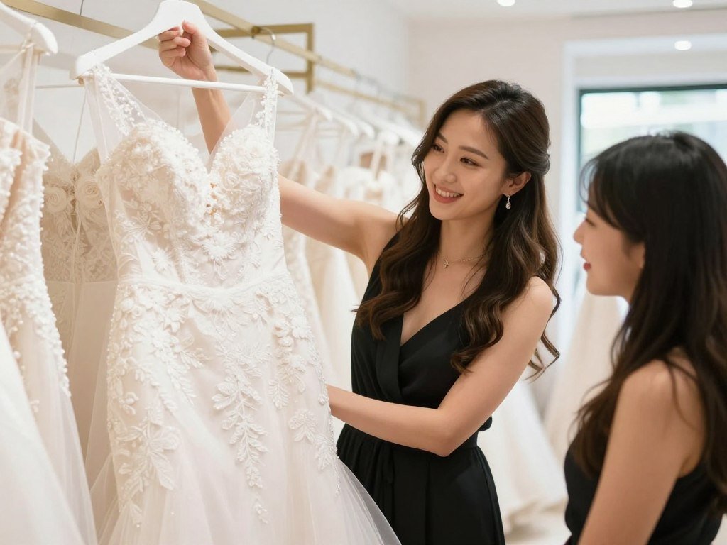 bride happy with wedding dress choice