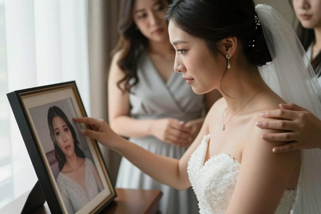 bride having emotional moment looking at memorial photos bride having emotional moment looking at memorial photos