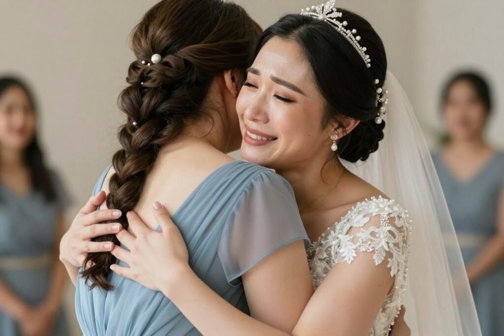 bride hugging emotional bridesmaid during first look