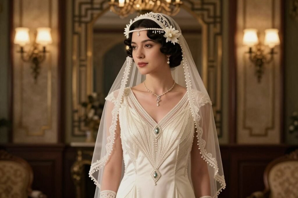 bride in 1920s art deco vintage wedding dress