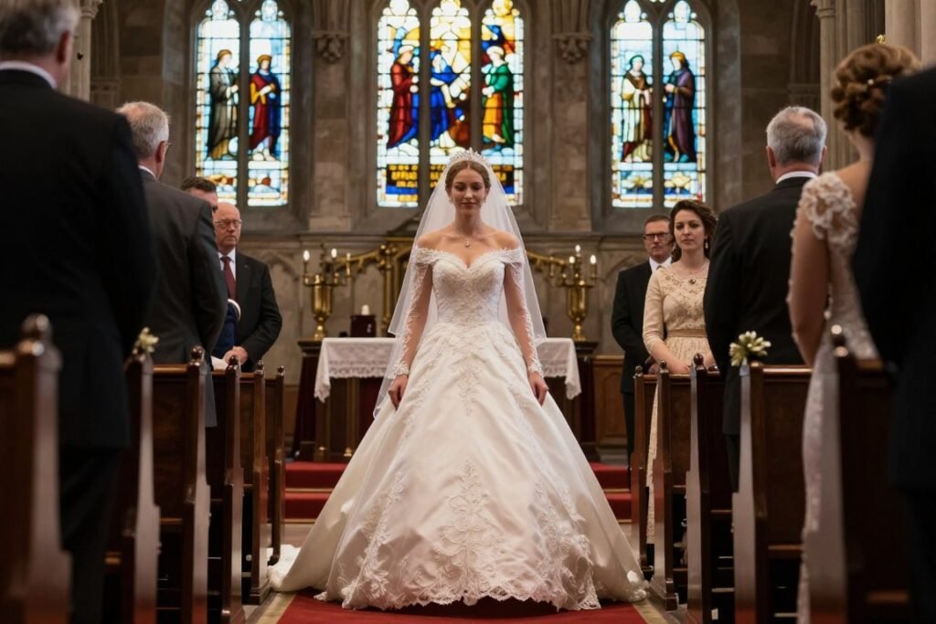 bride in ball gown wedding dress at formal church ceremony
