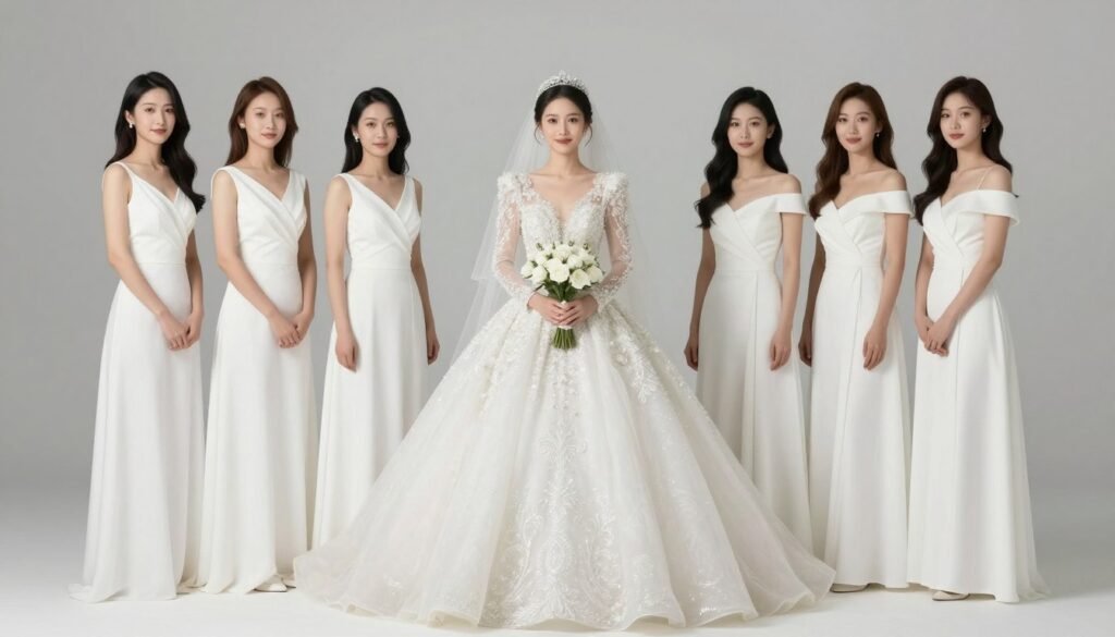 bride in detailed white gown with bridesmaids in simple white dresses