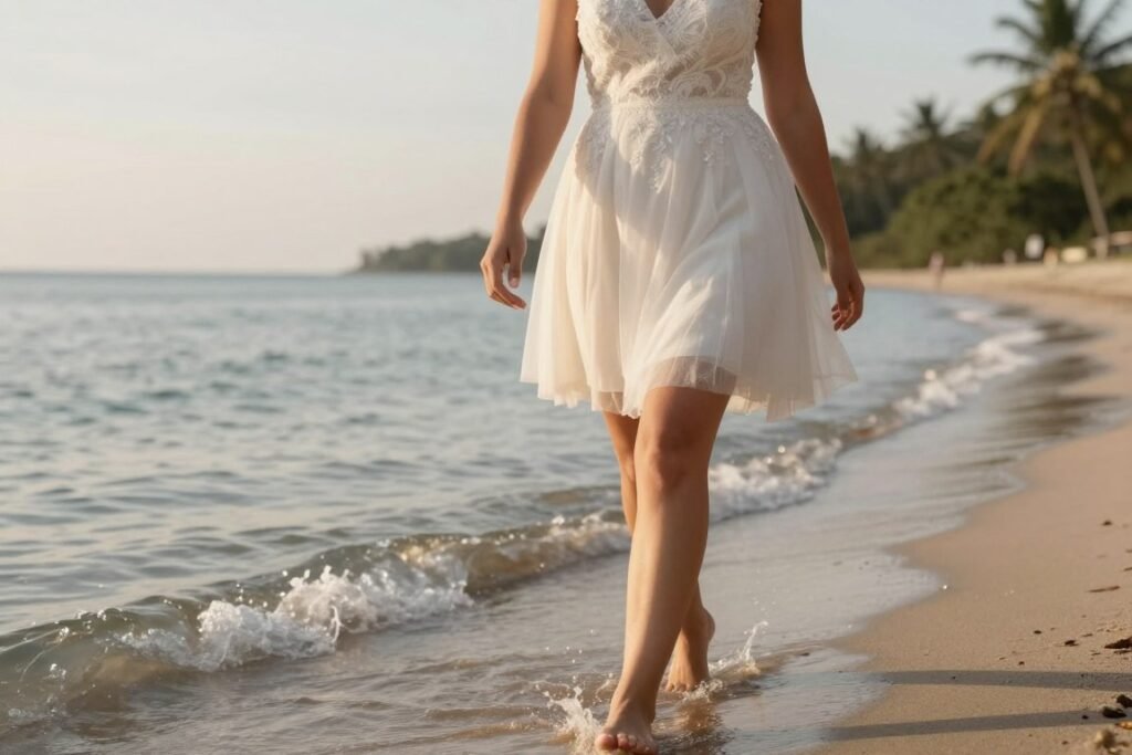 bride in short beach wedding dress walking shoreline