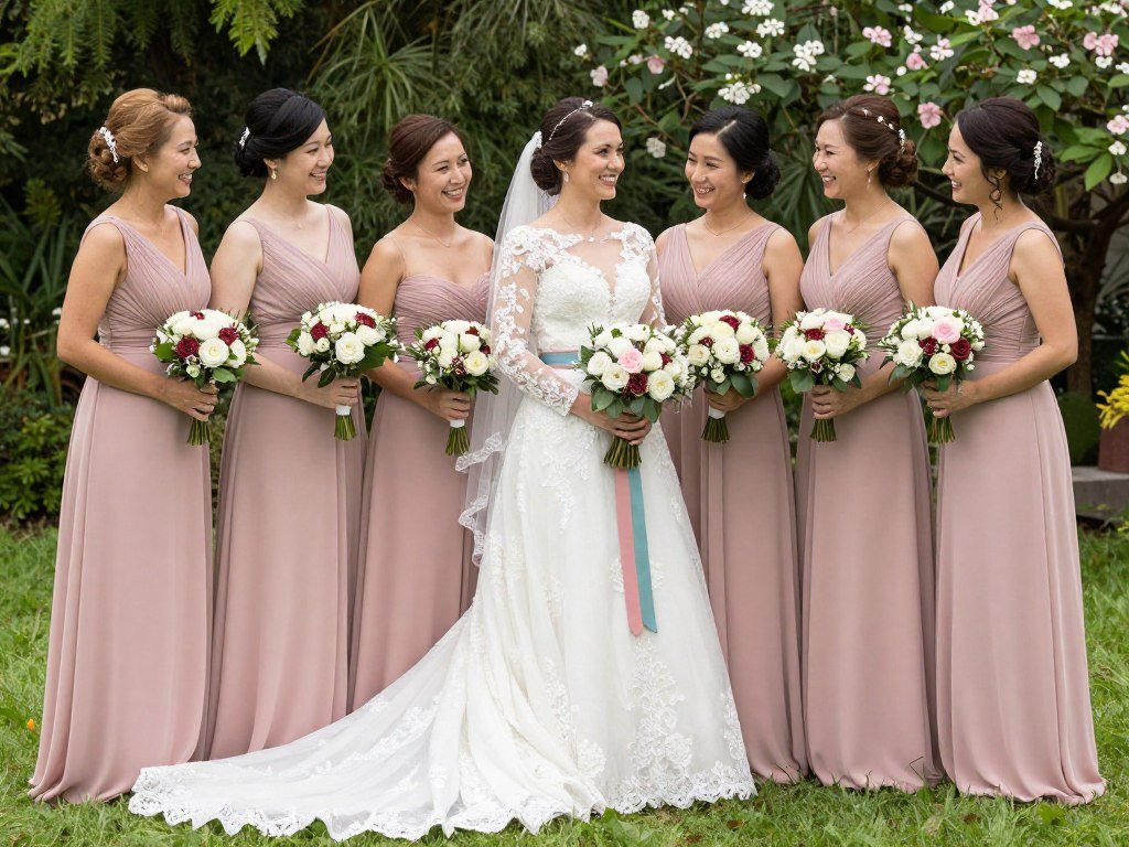 bride in white gown with colored sash matching bridesmaid dress palette