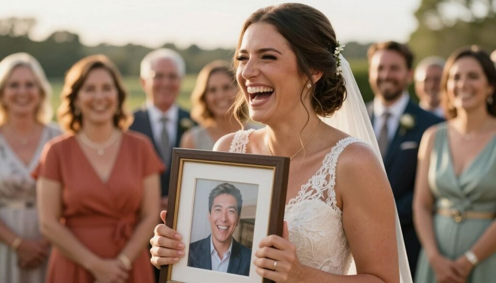 bride laughing while holding memorial photo