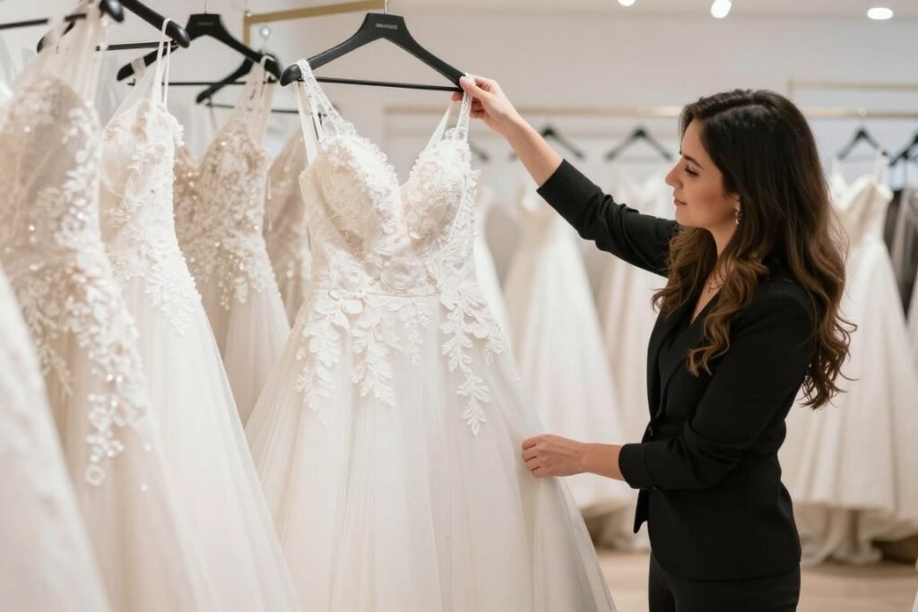 bride making final wedding dress decision boutique