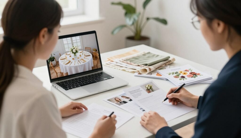 bride meeting with wedding planner reviewing memorial details