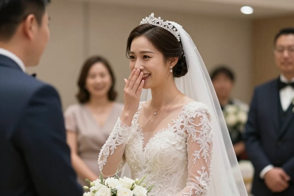 bride on wedding day in chosen dress ceremony