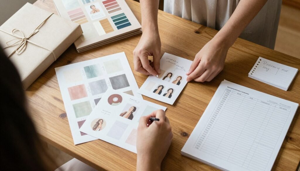 bride planning bridesmaid gifts with samples and notes bride planning bridesmaid gifts with samples and notes