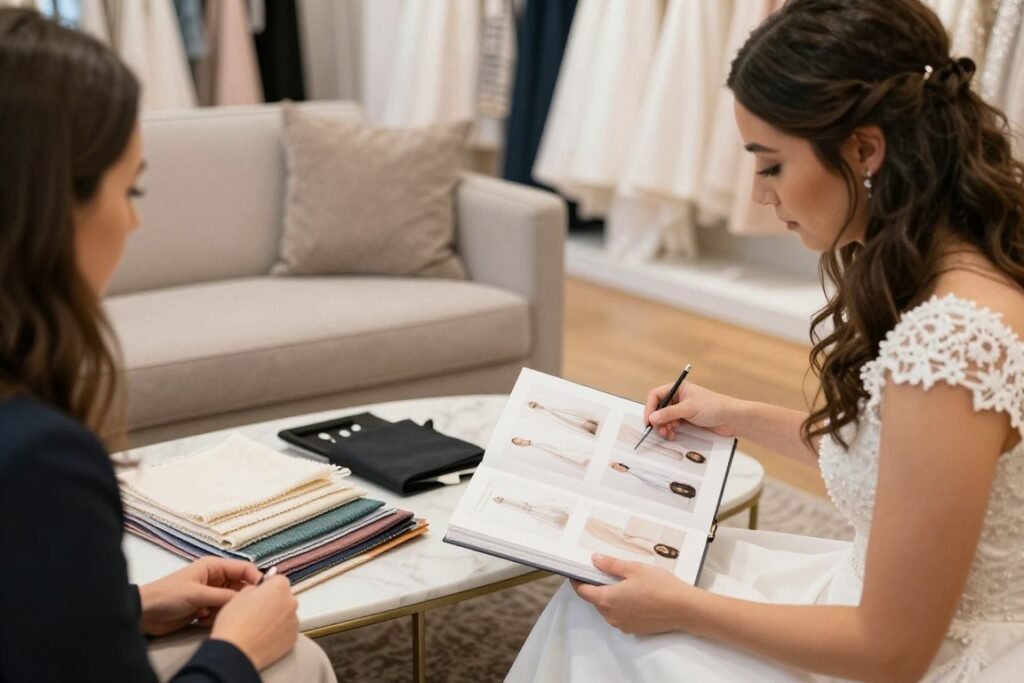 bride reviewing wedding dress style options