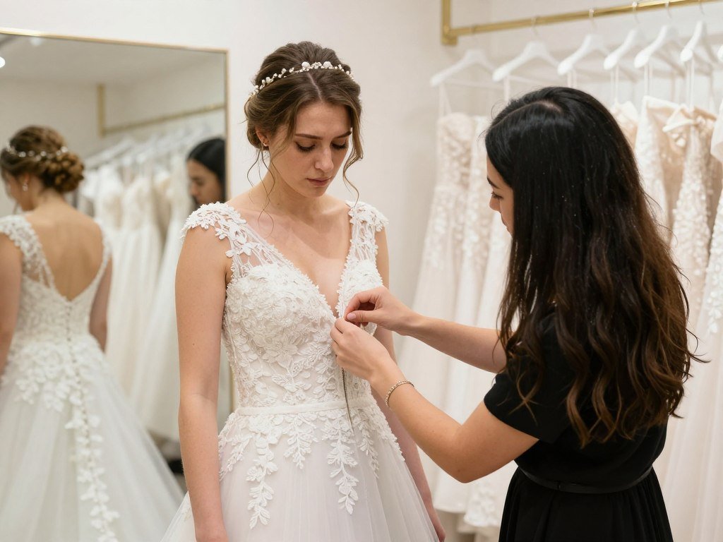 bride trying on wedding dress with bridesmaid helping