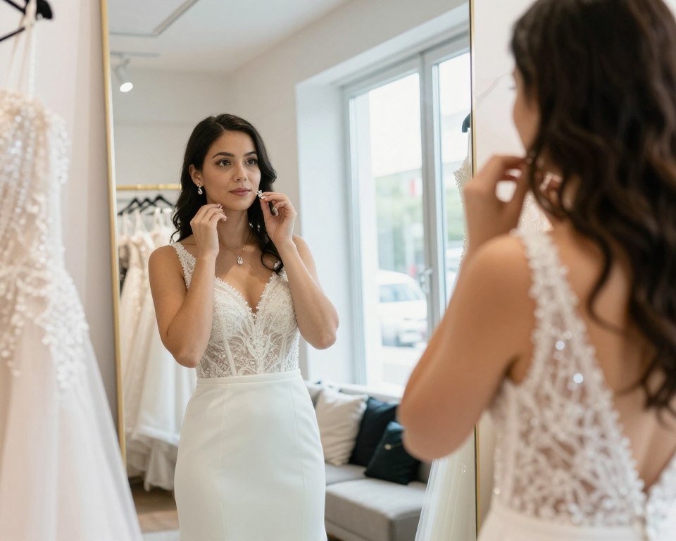 bride trying on wedding jewelry with dress