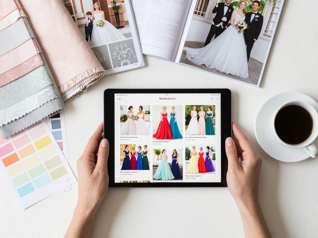 bride using pinterest on tablet for bridesmaid dress inspiration and color planning