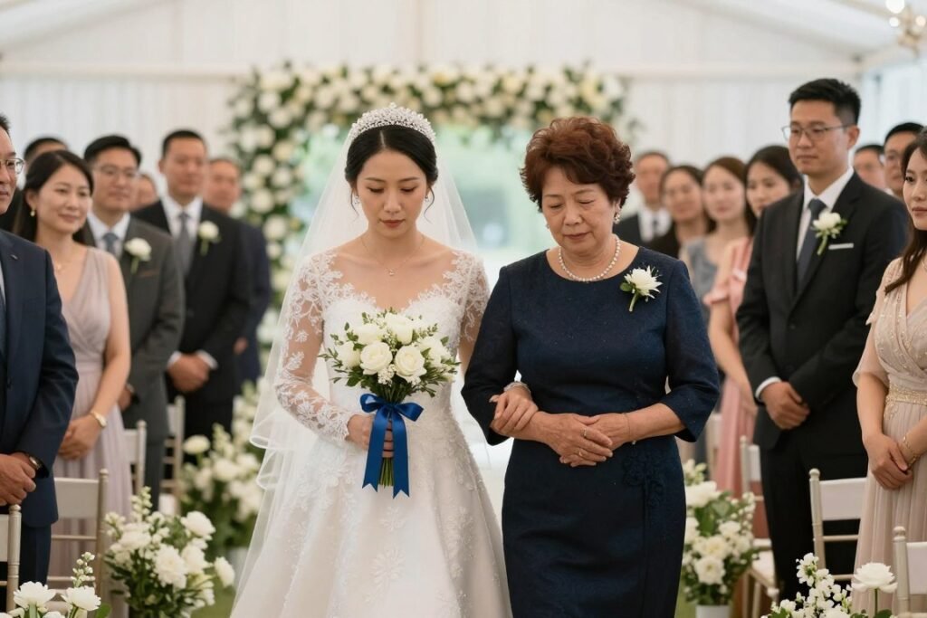 bride walking down aisle with mother and small bouquet memorial