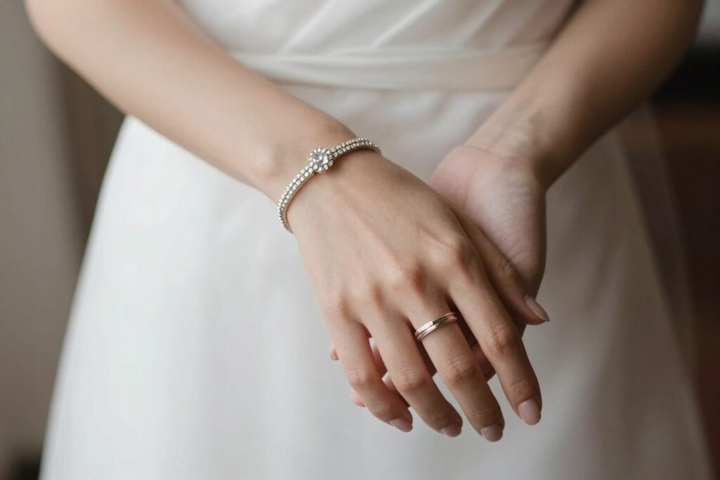 bride wearing bracelet with wedding rings