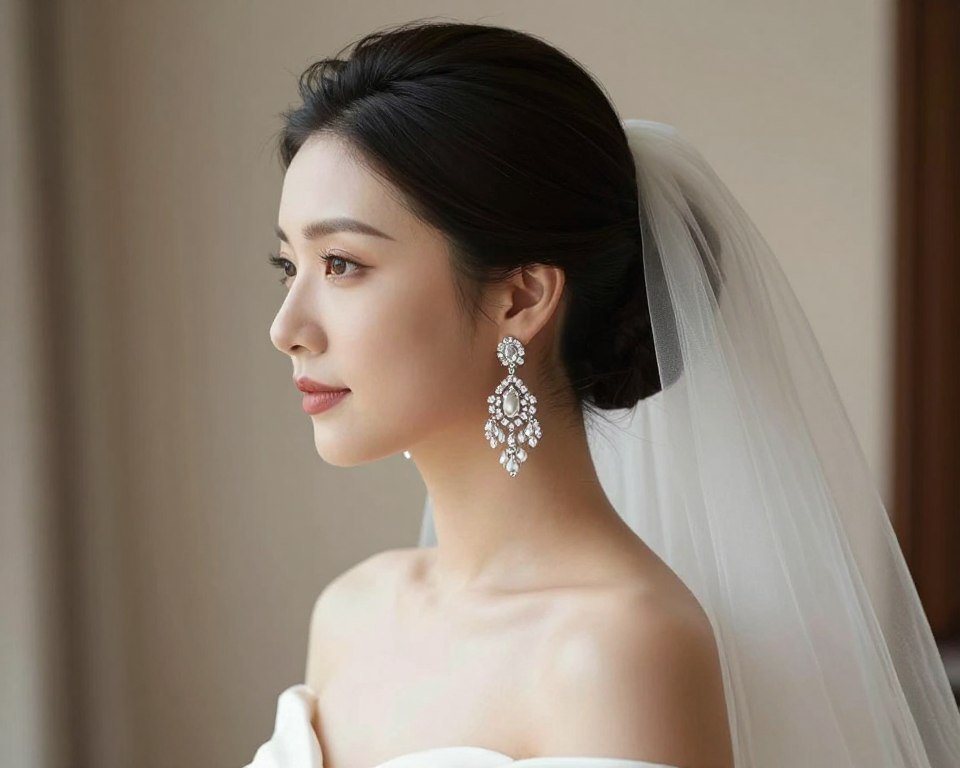 bride wearing chandelier earrings with updo hairstyle