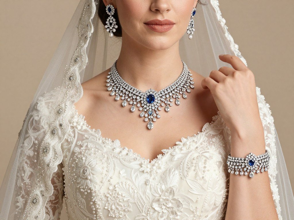 bride wearing complete jewelry set wedding day