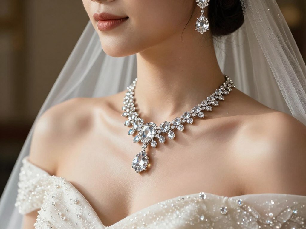 bride wearing crystal wedding jewelry