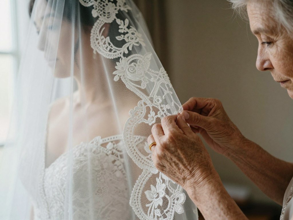 bride wearing grandmother's vintage wedding veil as memorial heirloom bride wearing grandmother's vintage wedding veil as memorial heirloom