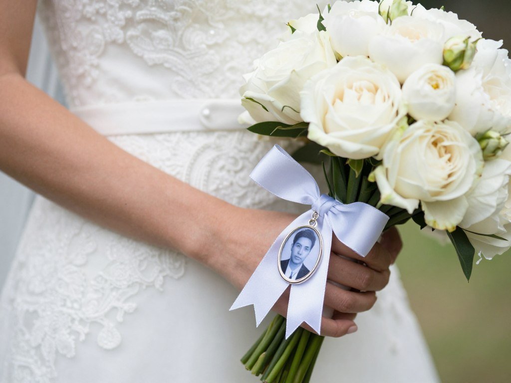 bride wearing memorial jewelry photo charm on wedding bouquet bride wearing memorial jewelry photo charm on wedding bouquet