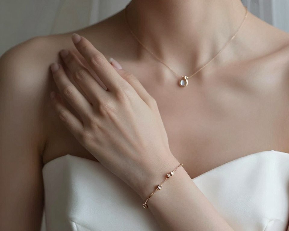 bride wearing mixed metal wedding jewelry with engagement ring