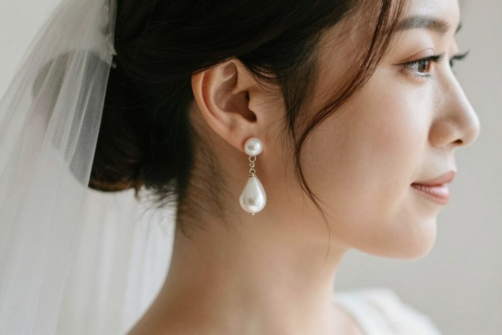 bride wearing pearl drop earrings on wedding day