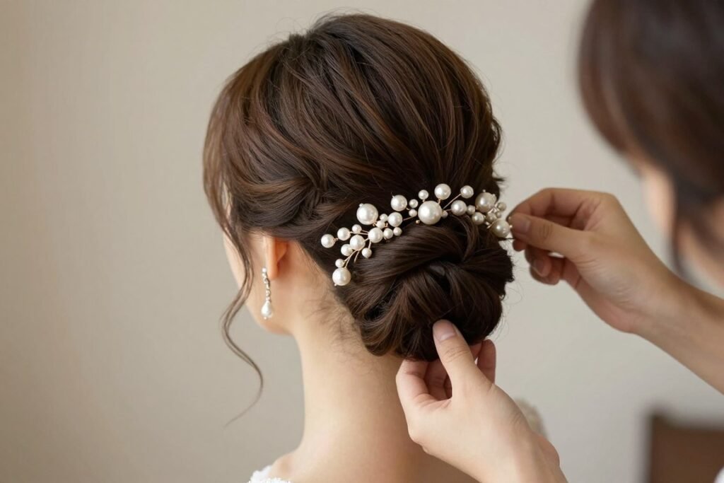 bride wearing pearl hair pins updo