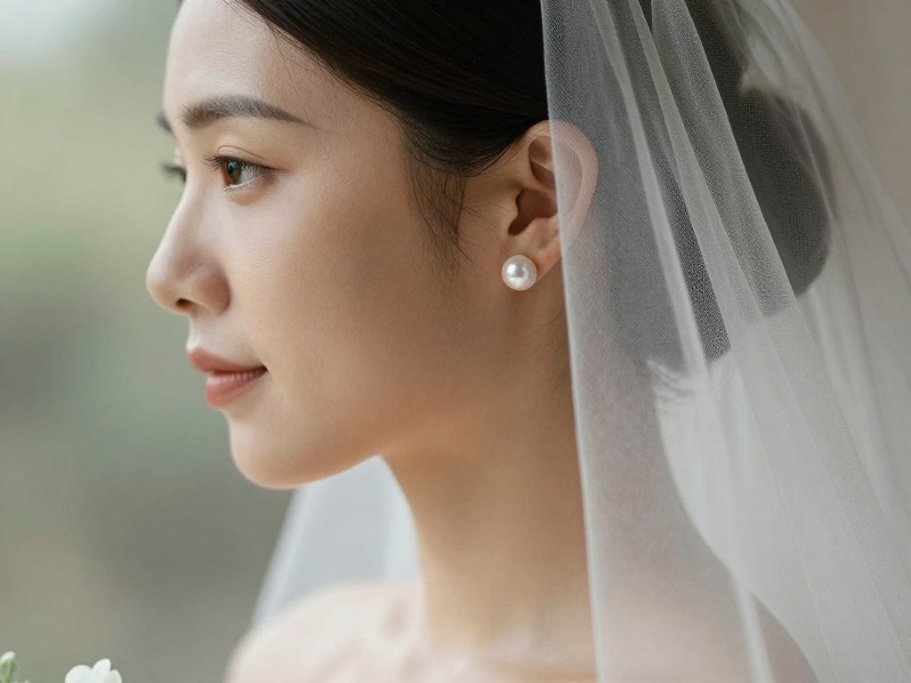 bride wearing pearl stud earrings with veil