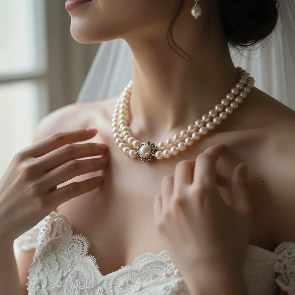 bride wearing vintage pearl necklace that belonged to grandmother
