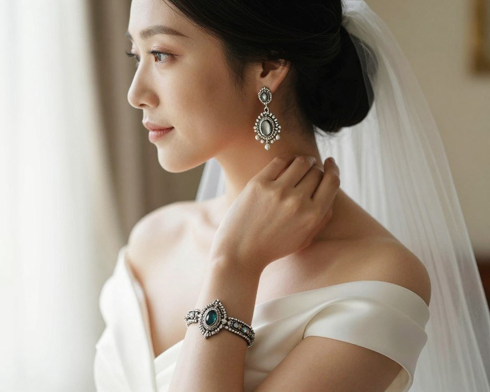 bride wearing vintage wedding jewelry