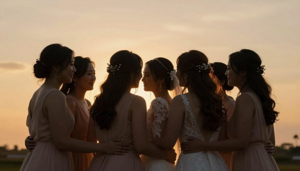 bride with bridesmaids group photo at sunset bride with bridesmaids group photo at sunset