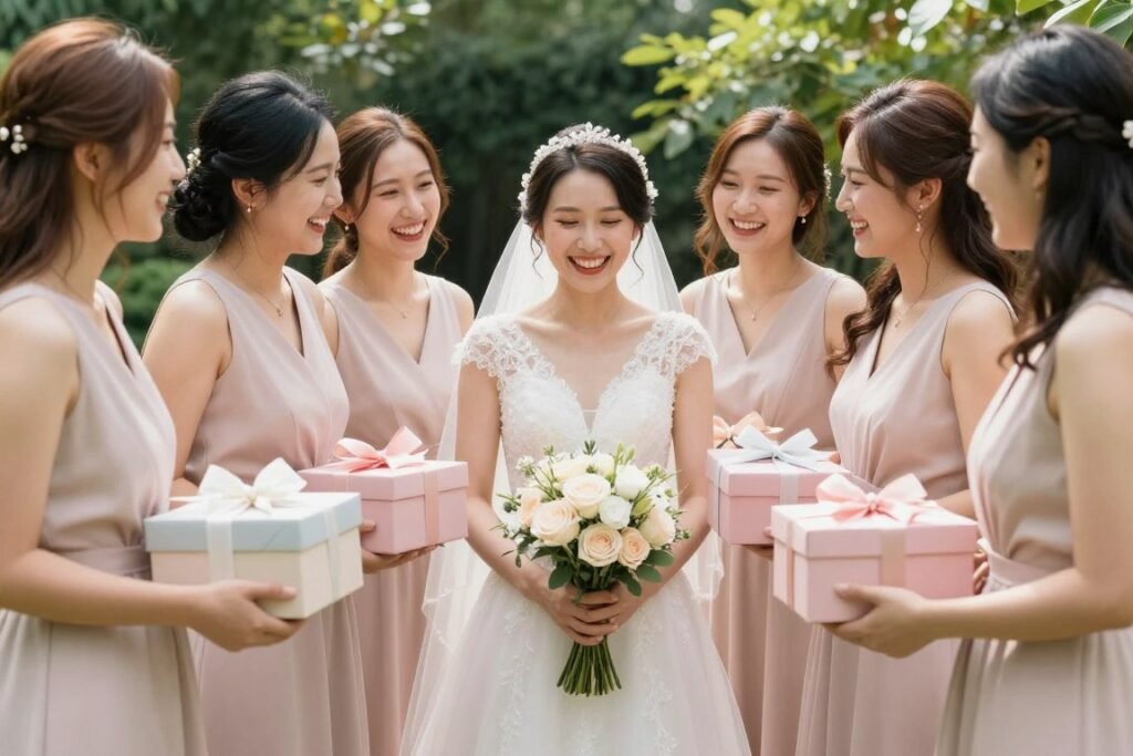 bride with bridesmaids holding gifts and celebrating together bride with bridesmaids holding gifts and celebrating together